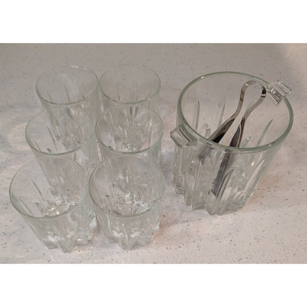 Clear Glass Ice Bucket Set 6 Glasses Italy-Made Tongs